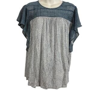 Daniel Rainn Flutter Batwing Short Sleeve Blue Print Top Stretch Knit Shirt XL